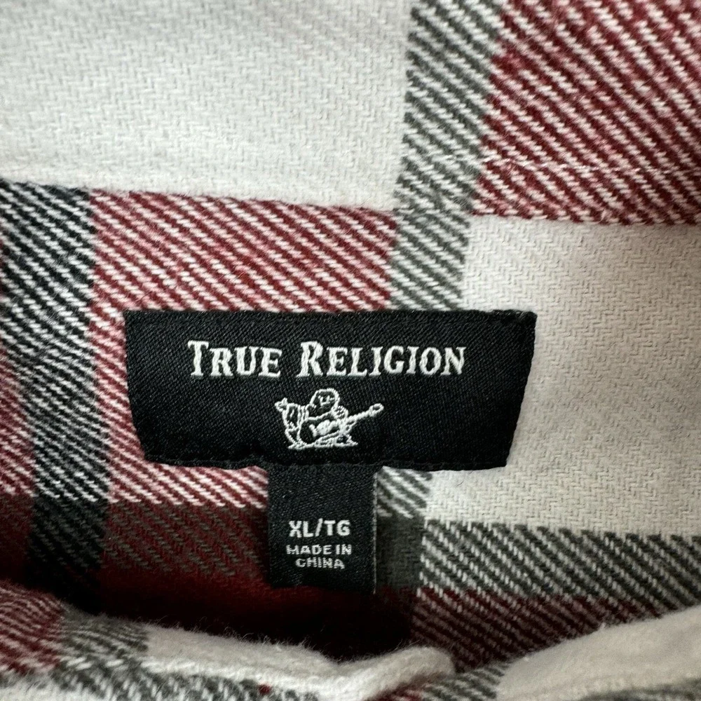 True Religion Mens Red White Plaid Cotton Flannel Button Up Shirt XL 104980